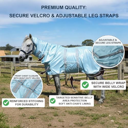 Image of Fly Sheet for Mini Horse /Pony /Foal & Weanling /Yearling /Donkey - Detachable Neck Cover & Belly Wrap, Lightweight Airflow Mesh Summer Sheet for Pasture & Stable, UV Protection Cyanblue 60 inch