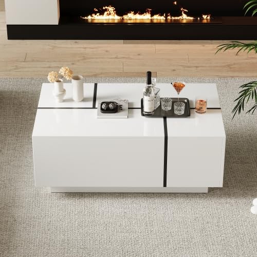 Merax Table basse moderne blanche brillante - Table basse avec 4 tiroirs et design épissure noir et blanc - 100 x 60 x 40 cm - Table d'appoint avec grand espace de...