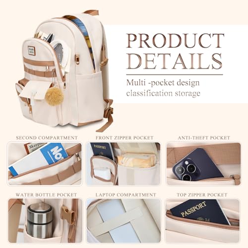 17.3 inch laptop backpack for women, Girls Backpack for School, Cute backpack for girls teens, School bookbag for Girls Teens college Students,school bag mochilas escolares para niñas, Bookbag Beige3