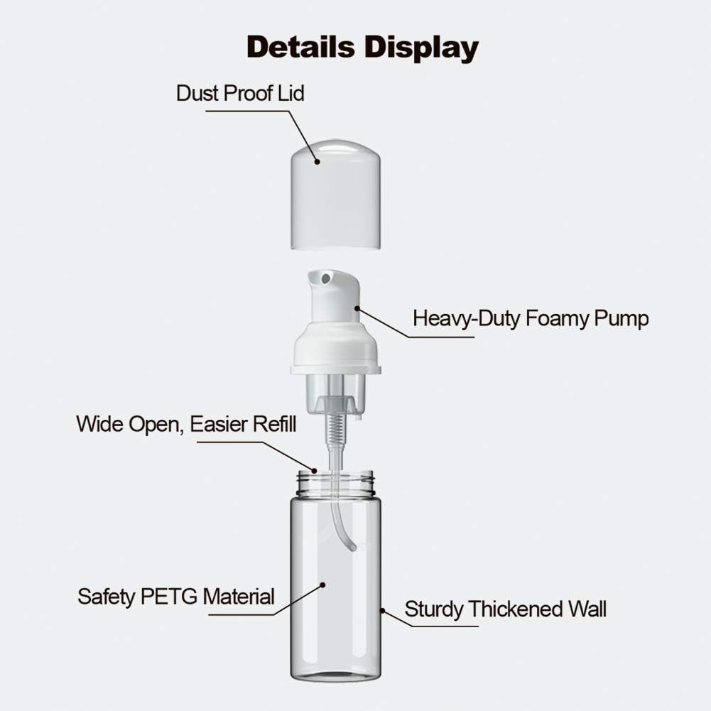2 Pcs Empty Foam Pump Bottle 2oz/60ml Travel Size Plastic Pump Bottle Soap Bottle Portable Small Hand Sanitizer Dispenser Bottles, Refillable Clear Instant Foaming Bottles for Hand Lotion Shampoo