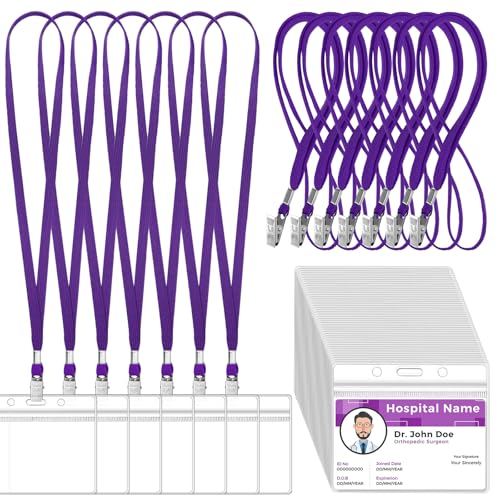 Image of Marspark 50 Sets 4 inchx3 inch Name Badge Holder with Lanyard Bulk, Purple | Waterproof Reusable Plastic with Clip, ID Badges Business School Conference Use, Lanyard Strap for Employees Students Events