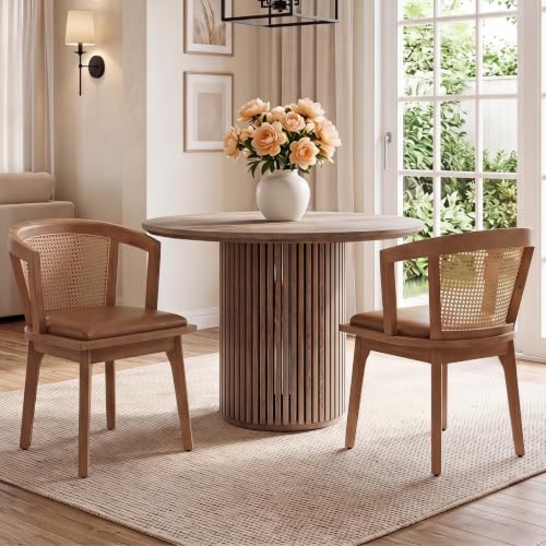 Mid-Century Modern Rattan Wood Dining Chairs Set of 2, Farmhouse Kitchen Chairs with Barrel Cane Backrest/Leather Upholstered Seat/Oak Finish for Dining Room/Cafe/Bistro,PU Brown