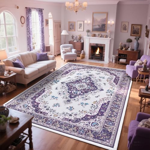HOMORE Purple Area Rug 8x10 Living Room Rug, Non Slip Washable Rugs for Bedroom Lavender Floor Carpet for Dining Room Office Ultra Thin Vintage Floral Rugs for Farmhouse Home Office Decor