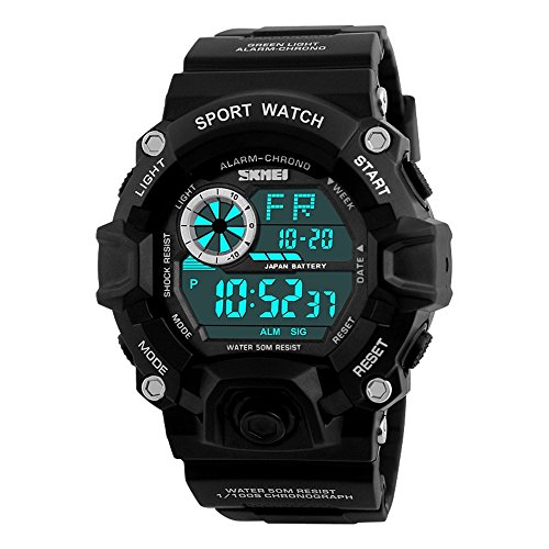 TONSHEN Multifuncional Impermeable Relojes de Hombre Deportivos Digital Electrónica LED Plástico Bisel Y Correa Goma Táctica Militares Relojes de Pulsera 50M Resistente Agua Fecha Alarma (Negro)