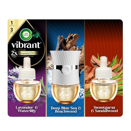 Air Wick Vibrant Plug In Scented Oil Warmer + Refills, Infused with Essential Oils, Plug In Air Fresheners for Home, Mixed Pack, Gadget + 3 ct