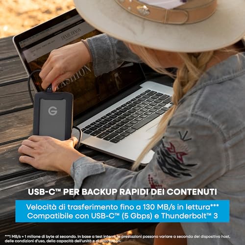 SanDisk Professional 5TB G-DRIVE ArmorATD, HDD portatile USB-C (5Gbps), USB 3.2 Gen 1, Thunderbolt 3, fino a 130 MB/s, resistente all'acqua e alla polvere, agli urti e alle cadute - 5