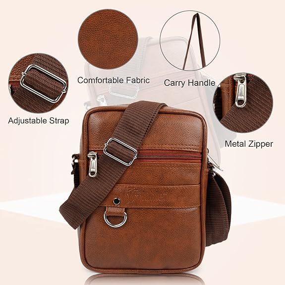 Image of Leather Mens Sling Bag Small Size for Travel, Crossbody Shoulder Bag for Men, Compact Chest Bag with Adjustable Strap, Stylish Mini Side Bag for Daily Use, Office & Outdoor (Royal Brown, Medium)