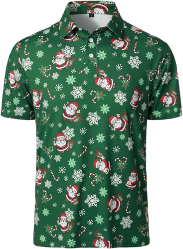 HOOD CREW Mens Funny Golf Shirts Christmas Hawaiian Shirts Short Sleeve Cartoon Printed Polo Shirts Green