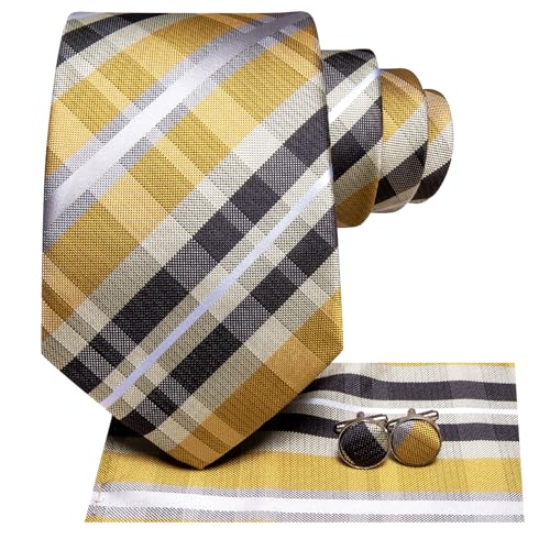 Image of Hi-Tie Mens Plaid Ties Classic Paisley Necktie with Handkerchief Cufflinks Set Business Stripe Tie