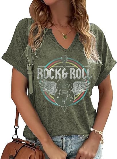 Women Vintage V Neck Shirts Rock and Roll Music Guitar Graphic T Shirt Country Music Tops Teacher Tee