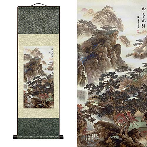 Valart Silk Scroll Painting Asian Wall Decor Waterfall River Landscape Painting - Pine Pavilion Light Wind Beautiful Chinese Art Wall Scroll Hanging Painting Scroll Oriental Decor(36.2x 12 in)