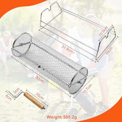 Yunkctuk Rollender Grillkorb, Edelstahl 304, Abnehmbarer Holzgriff, Nestendes Grillnetzrohr, Grillzubehör für Gemüse, Meeresfrüchte, Outdoor-Kochen, Camping, Geschenk für Papa, Männer