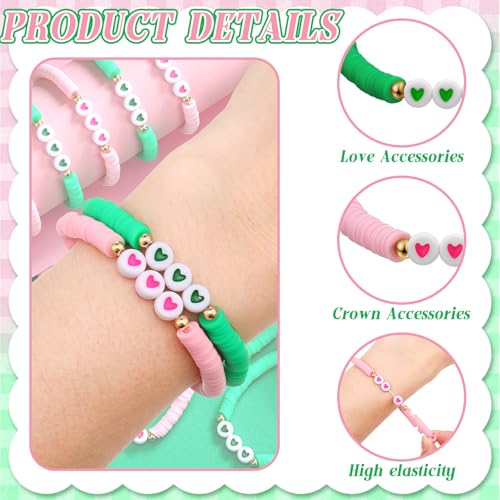24 Pcs Pink Green Witch Party Favors Gifts Bracelets Polymer Clay Beaded Friendship Bracelets for Witch Party (Heart Style)3