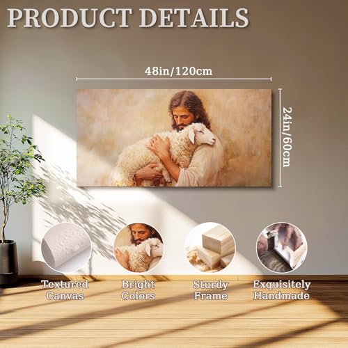 SERIMINO Jesus and Lamb Large Wall Art, Christian Art Wall Decor for Serenity Prayer, Bible Parable of the Lost Sheep Religious Art Prints, The Good Shepherd Pictures for Living Room Bedroom 24"X48"
