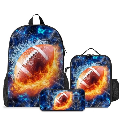 Boys Girls Backpack with Lunch Box Pencil Case, 3Pcs Backapack for Kids Teen, School Backpack Set Bookbag School Bag for Student Middle High School, Back to School Gifts ? Football Blue ?