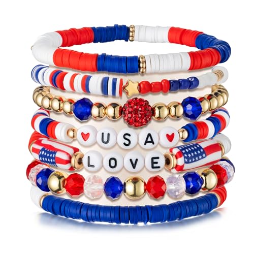 Y1tvei American Flag Bracelet for Women - 4th of July Accessories Chains Red White and Blue Clay Beaded Stretch Bracelet Preppy American Patriotic USA Love Flag Stretchable Jewelry Gifts for Women Men