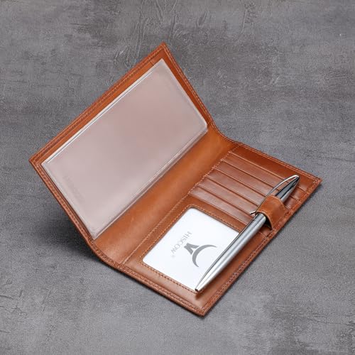 Image of HISCOW Soft Leather Checkbook Cover & Card Holder with Divider - Italian Calfskin (Brown Vegetable-Tanned Leather)