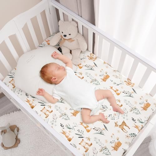 Image of PHF Soft Mini Crib Sheet Set, 2 Pack Silky Comfy Pack N Play Sheets for Boys Girls, Universal Fit for Pack N Play, Playard and Mini Crib Mattresses, Woodland