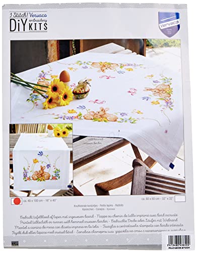 Vervaco Embroidery Kits Cross Stitch Table Runner DIY Kit, Tablecloth to Embroider with Embroidery Image in Modern Design, Cotton and Embroidery Thread, 16 x 40 Inches, Rabbits