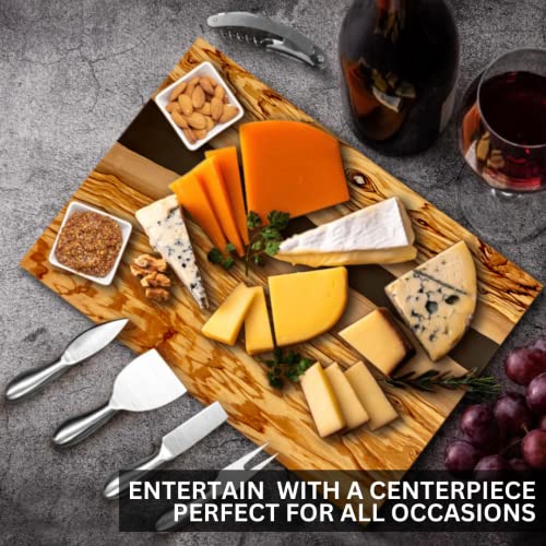 Image of Handcrafted Italian Olive Wood Cheese & Charcuterie Board Set with Unique Black Resin Artwork - Cutting Board Comes with 4 Cheese Knives, 2 Dipping Bowls & Corkscrew Wine Opener (Black)