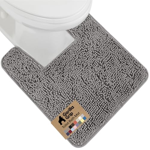 Image of Gorilla Grip Plush Absorbent Shaggy Chenille Bath Rug Mat for Toilet Base with Rubber Backing, Machine Washable, Microfiber Bathroom Contour Mats for Toilets, Bath Room Decor, Square, 22.5x19.5, Grey