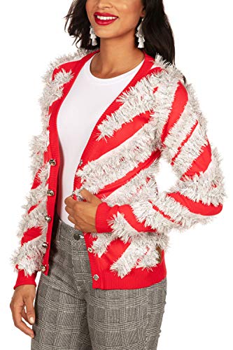 Tipsy Elves' Womens Candy Candy Tinsel Cardigan - White and Red Ugly Christmas Sweater Size X-Large