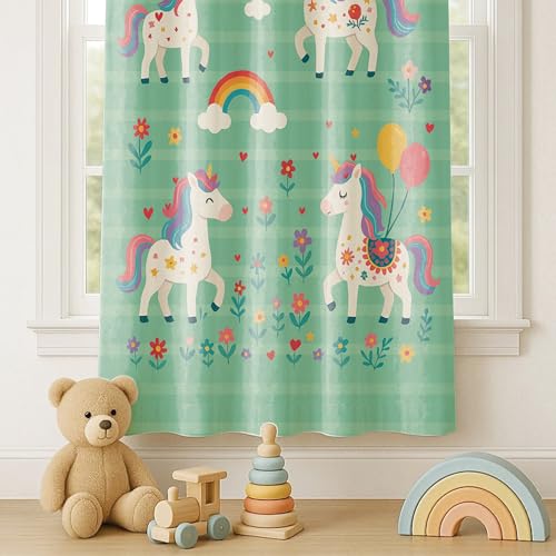 Image of STITCHNEST Velvet Kids Curtains Pack of 2 | Unicorn, Rainbow & Balloon Print | Semi Blackout Curtains for Girls' Room, Nursery & Toddler Bedroom | 7 Feet