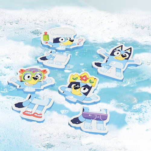 Tomy Toomies Bluey Puzzle do kąpieli - Mix and Match Bluey Puzzle - piankowe zabawki do kąpieli dla maluchów - zawiera siatkową torbę do przechowywania zabawek kąpielowych z przyssawkami - 8 sztuk -