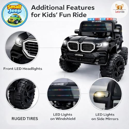 Image of Kids Electric Ride-On Car for 1-6 Years | Battery Operated with LED Lights, Music, Remote Control & Rechargeable Battery | 4-Wheel Drive Toy Car for Boys & Girls (Black)