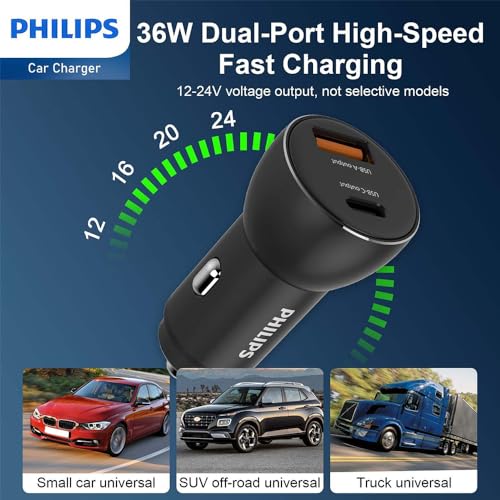 Philips Chargeur Voiture USB AC DLP2521C04 Câble USB C inclus Adaptateur USB C et USB A Sortie Charge rapide - vue 10