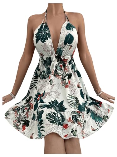 Image of SweatyRocks Women's Deep V Neck Halter Sleeveless Mini Dress Backless Boho Floral Print Ruffle Hem Flare Dresses