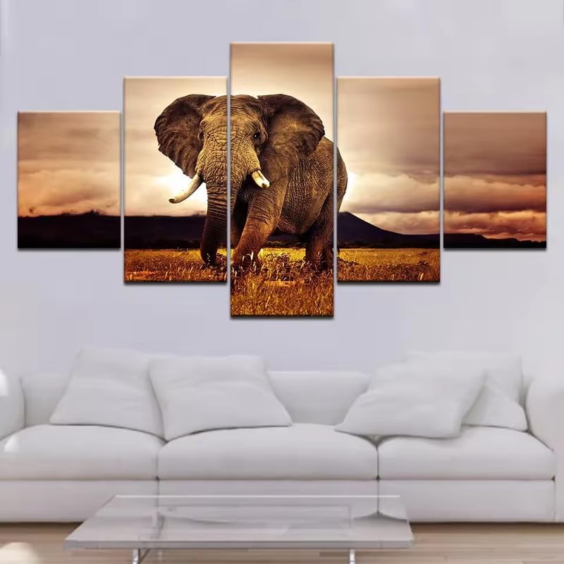 RAPSANI Tableau Multi Panneau 5 parties Tableau sur Toile,Éléphant,tableau mural decoration salon moderne xxl,cadre,accroche cadre sans percer,Créatif...