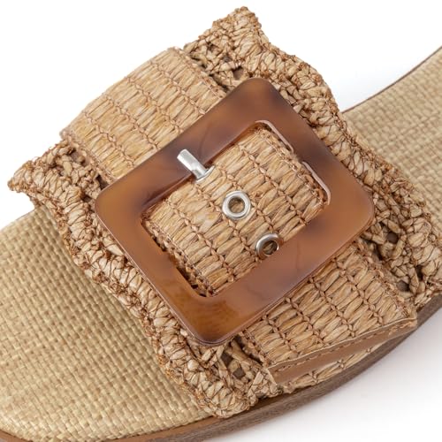 Rihero Women's Raffia Flat Sandals Square Open Toe Summer Beach Slip On Woven Buckle Slide Sandals3