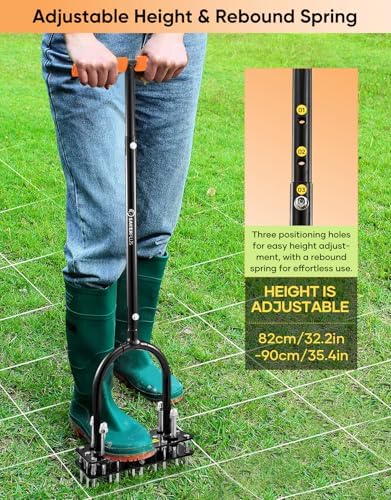 Sakerplus Aerator Lawn Tool, Hand Metal Spike Lawn Aerator with Rebounce Spring Base, Automatic Leaf and Dirt Cleaning, Grass Aerator for Lawn Care, Soil Loosening, Yard Aerating (Orange Handle) - 4