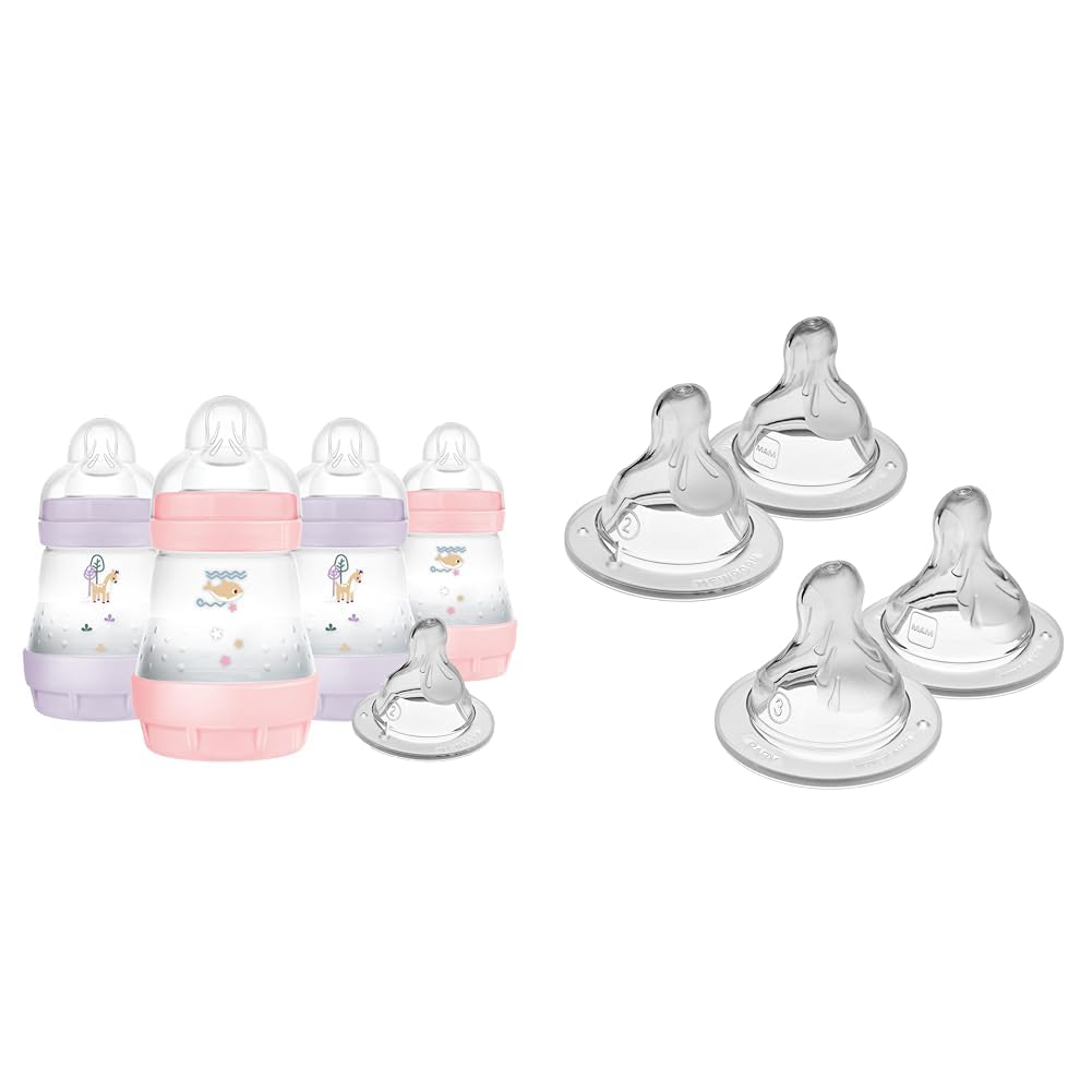 Anti-Colic Baby Bottles, Slow Flow Nipples, with Medium & Fast Flow Nipple 4 Pack for Newborns & Older