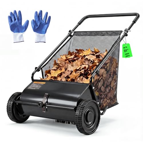 21" Push Lawn Sweeper with 6 Cuft Hopper Bag,Adjustable Brush Height, Black