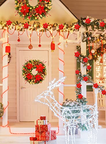 24 In Christmas-Wreath,Christmas-Wreaths-For-Front-Door,Pre-Lit-Christmas-Decorations Door Wreath With 50 Led Lights,Poinsettia Flowers,Artificial Indoor/Outdoor Home Decor Gift Wreath For Door Mantel #TOP2