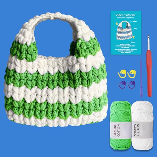 Kitcroet Kit de bolsa de crochê para iniciantes para adultos com tutoriais em vídeo passo a passo DIY para iniciantes em crochê, bolsa de mão, verde