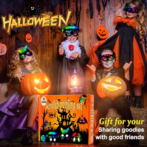 Natonhi 32Pcs Halloween Crafts for Kids, Rainbow Scratch Art Mask Kit - image 7
