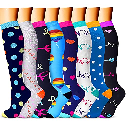 QUXIANG Copper Compression Socks Women & Men Circulation (8 Pairs) 15-20 mmHg Knee High is Best for Athletics Climbing Running Support Cycling Hiking Flight Travel Pregnancy Maternity (S/M,Multi 09)