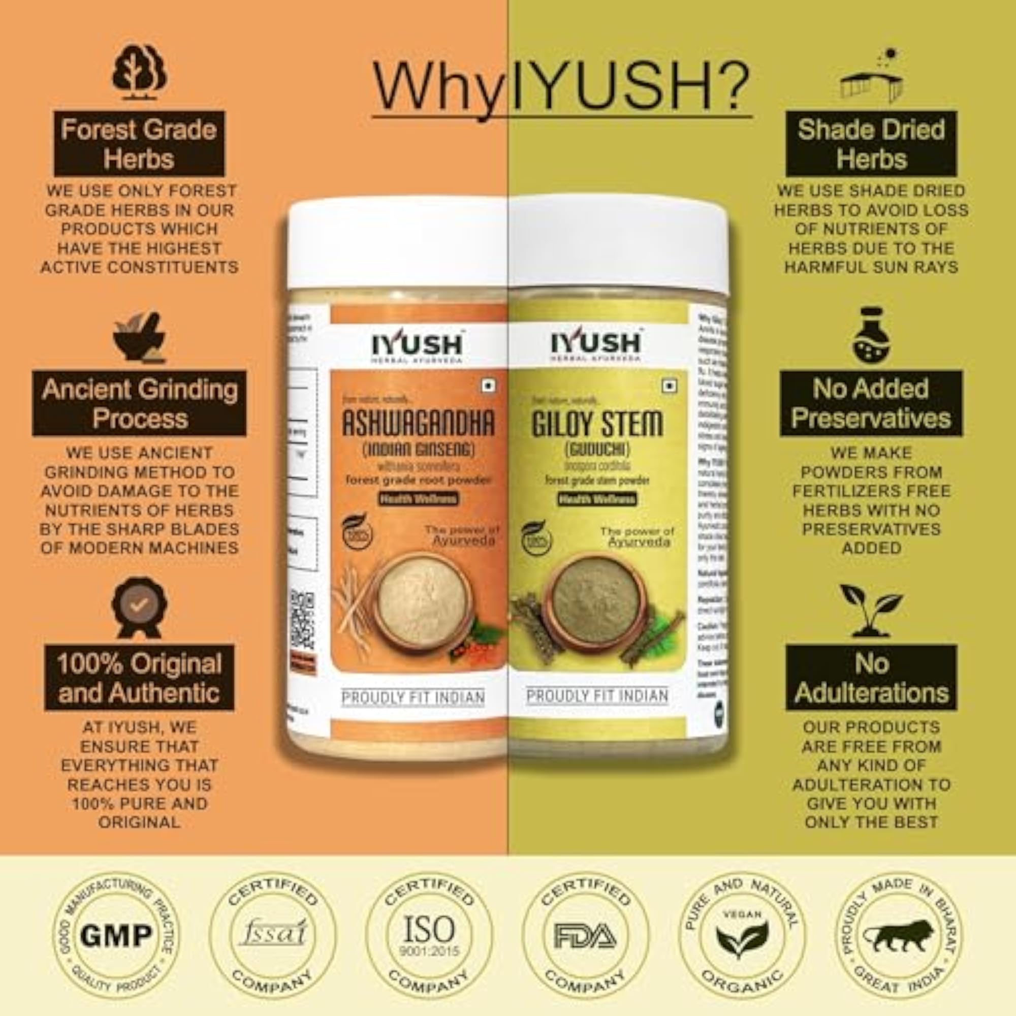 IYUSH Herbal Ayurveda Giloy Stem and Ashwagandha Root Powder, 100g Each