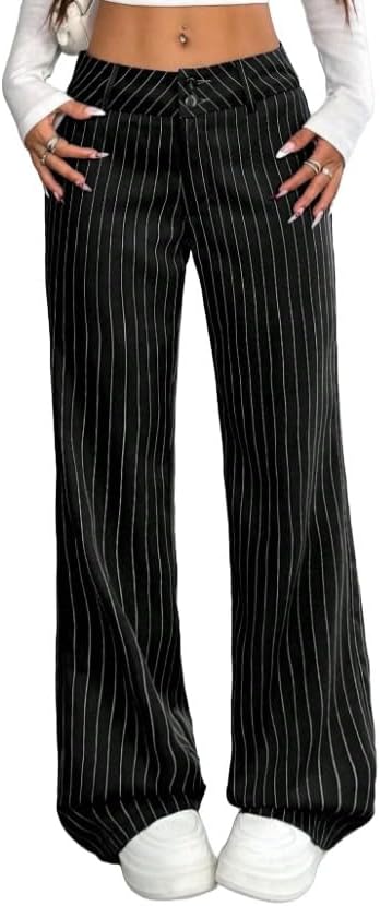 Women's High Waisted Wide Leg Pants Black White Stripe Straight Fit Trousers for Office Casual Work Wear