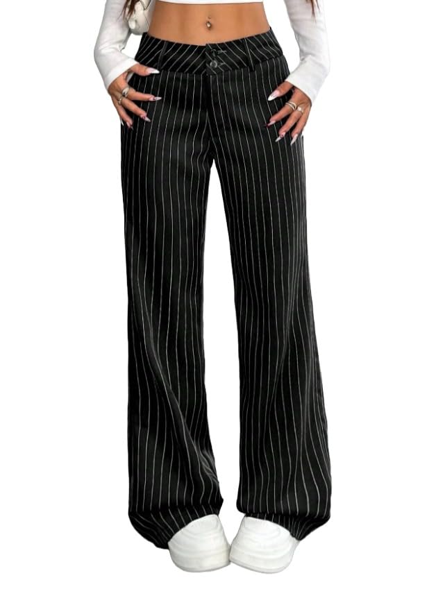 Womens High Waisted Wide Leg Pants Black White Stripe Straight Fit Trousers for Office Casual Work Wear