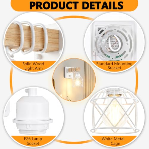 Image of FadimiKoo Wall Sconces Set of Two, Farmhouse Hardwired White Wall Lamps with Wooden Arm & On /Off Dimmable Switch, Modern Bathroom Light Fixtures with Metal Shade for Living Room, Hallway, Bedroom
