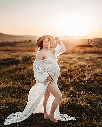 Saslax Lace Off Shoulder Doubly Split A-Line Skirt Maternity Dress Soft Stretchy Pregnancy Prop Maxi Gown For Photoshoot White Small #TOP6