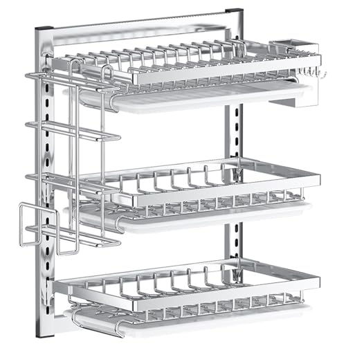 TIANQIHAO 3-Tier Adjustable Stainless Steel Dish Drying Rack With Drainboard, Hooks And Cutlery Holder, No Drilling Required, Space-Saving Kitchen Counter Nizer