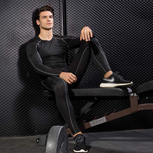 LaoZan Unisex Kompressions-Shirt Hose 2 Pcs Set Atmungsaktiv Elastizität Langärmlig Funktionsshirts Hosen Sportbekleidung (Schwarz(Grau Linie)(Herren), M)