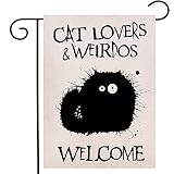 Welcome Cat Lovers and Weirdos Garden Flag Vertical Double Sided Summer Fall Yard Outdoor Decoration