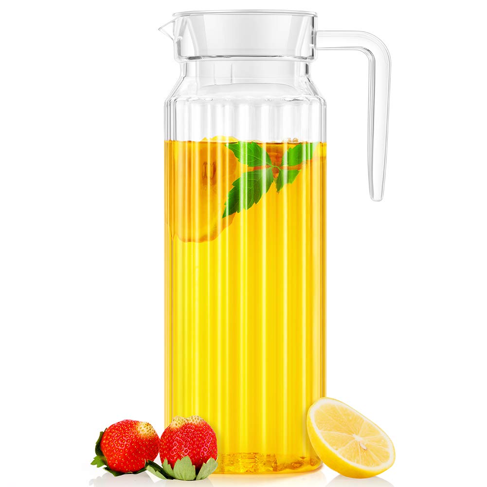 Water Pitcher, OCUBE Food-Grade Plastic Acrylic Juice Jugs with Lid(1.1 Liters) Shatterproof and Heat Resistant Party Pitcher for Water,Iced Tea,Orange Juice,Lemonade,Milk and More Beverages-Clear