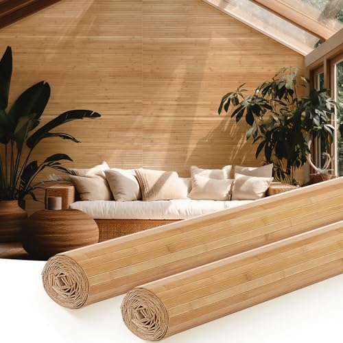 Juexica 2 Pcs Natural Bamboo Wall Panel for Interior Wall 48x96 Bamboo Covering Renewable Pole Wainscoting Room Divider Wrap Decor for Bedroom Living Room Kitchen Island Office (Carbonized)